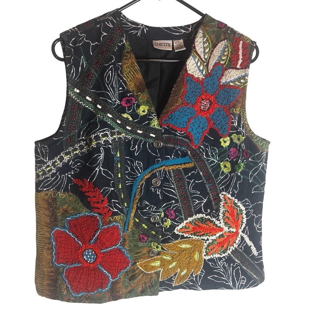 Chicos Womens Size 2 Large Floral Patchwork Embroidered Kantha Vest Art to Wear